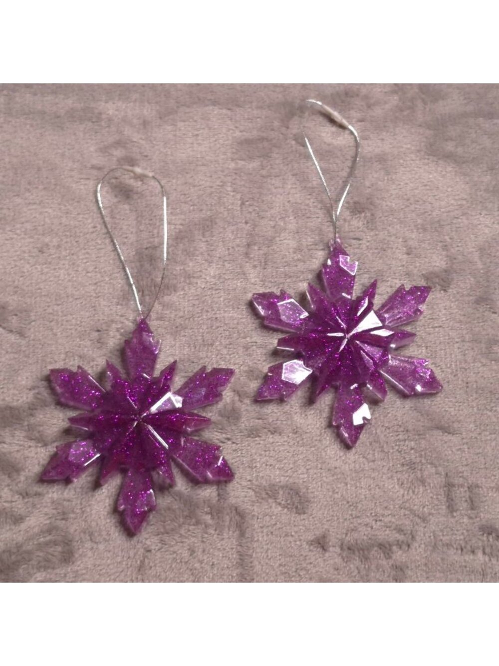 2 Purple Glitter Snowflake Ornament Handmade Resin 4-Inch Hanging Holiday Decor